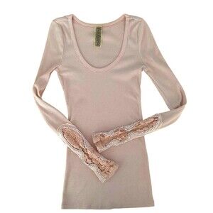Vintage Y2K Free People Thermal Top XS W Stretch Lace Cuffs In Blush Pink FLAW